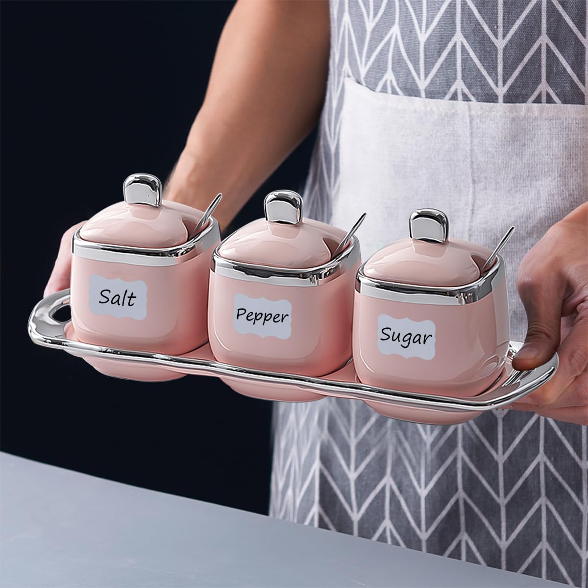 Ceramic Sugar Bowls Set Salt Containers Condiment Jar Porcelain Spice Pots Pepper Boxes with Lids and Spoon, Kitchen Seasoning Canister for Pepper, Sugar, Salt (Pink)