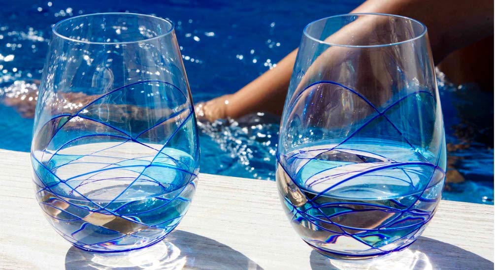 Handblown Antoni Barcelona Stemless Wine Glasses Set of 2 (21 Oz.) - Handblown & Handmade, Painted Blue Wine Glass, Gifts for Women, Birthdays, Anniversaries, and Weddings - 2 Unit (Set 2)