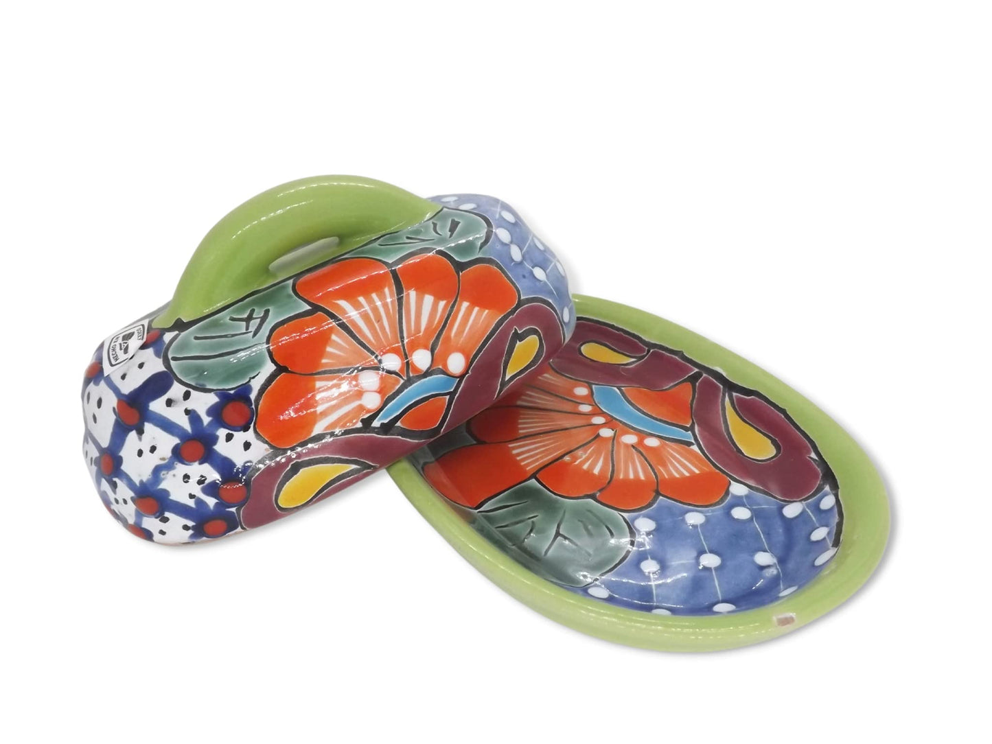 MEXTEQUIL - Butter Dish Ceramic Talavera with Lid Hand Painted Authentic Mexican Pottery Kitchen Floral Design (Green)