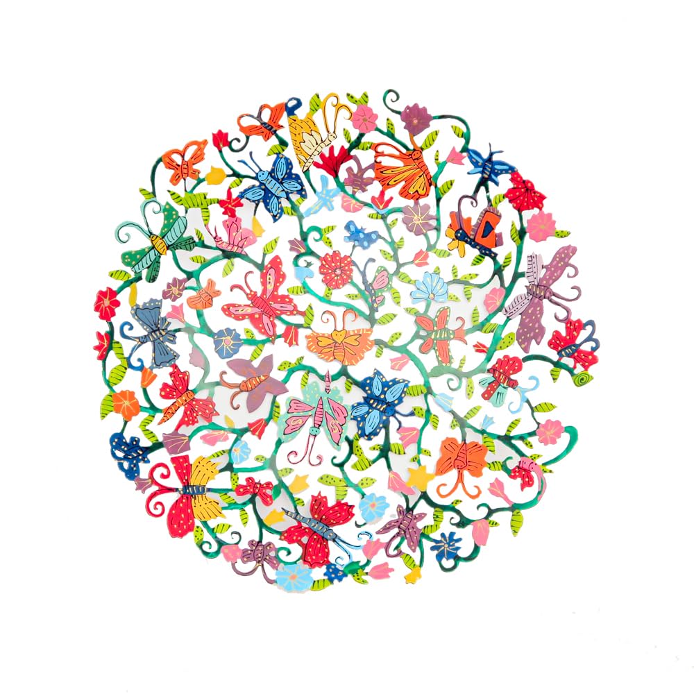 EMANUEL Yair Decorative Metal Fruit Bowl | Vibrant Hand Painted Bowl | Hangable Centerpiece Bowl for Home Decor and Gifting | Judaica Art (14 inch, butterflies)