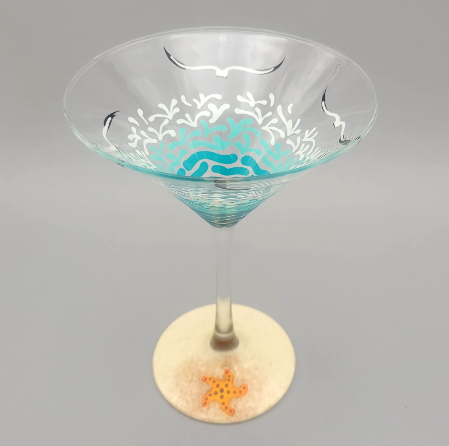 Tropical Beach Martini Cocktail Glass - Hand Painted - Starfish, Sea Shell, Waves, Seagulls, Sea Turtle, Sand,Summer