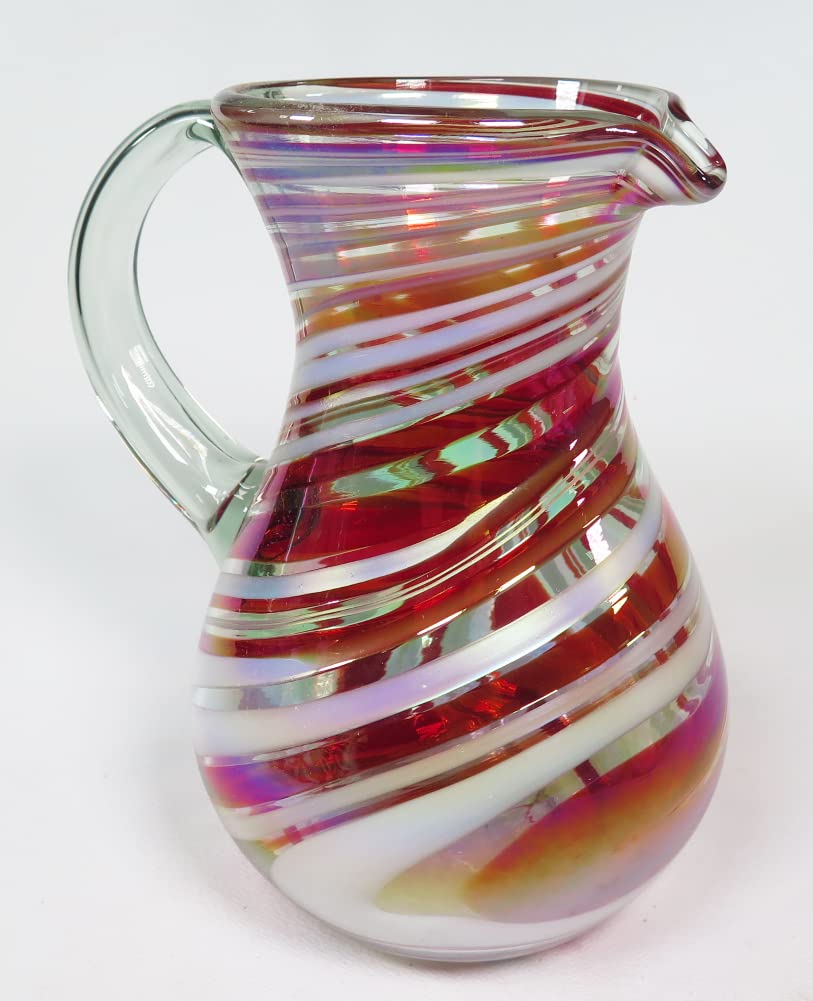 Hand-Blown Glass Margarita or Juice Pitcher, Red White Swirl Design for 8 Cups (64 Oz.)