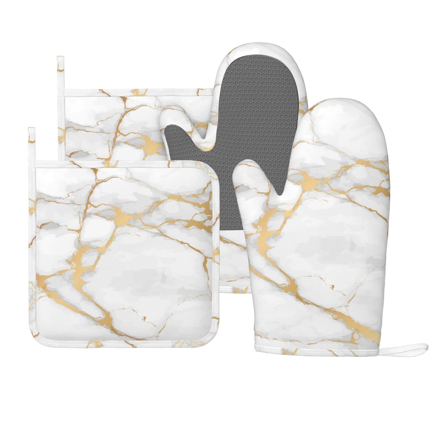 Oven Mitts and Pot Holders Marble White Gold Silicone Kitchen Accessories Set of 4 Heat Resistant Long Gloves Potholder Non-Slip Grip for Chef Cooking, Baking, Grilling, BBQ