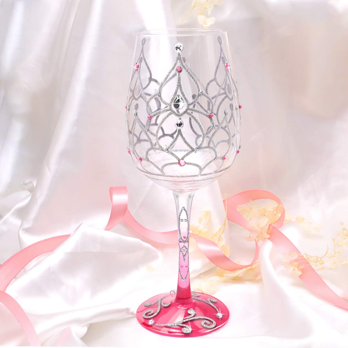 NymphFable Colorful Wine Glass Princess Crown Artisan Painted Glass 15 oz Novelty Gift for Birthdays,Weddings,Valentine's Day