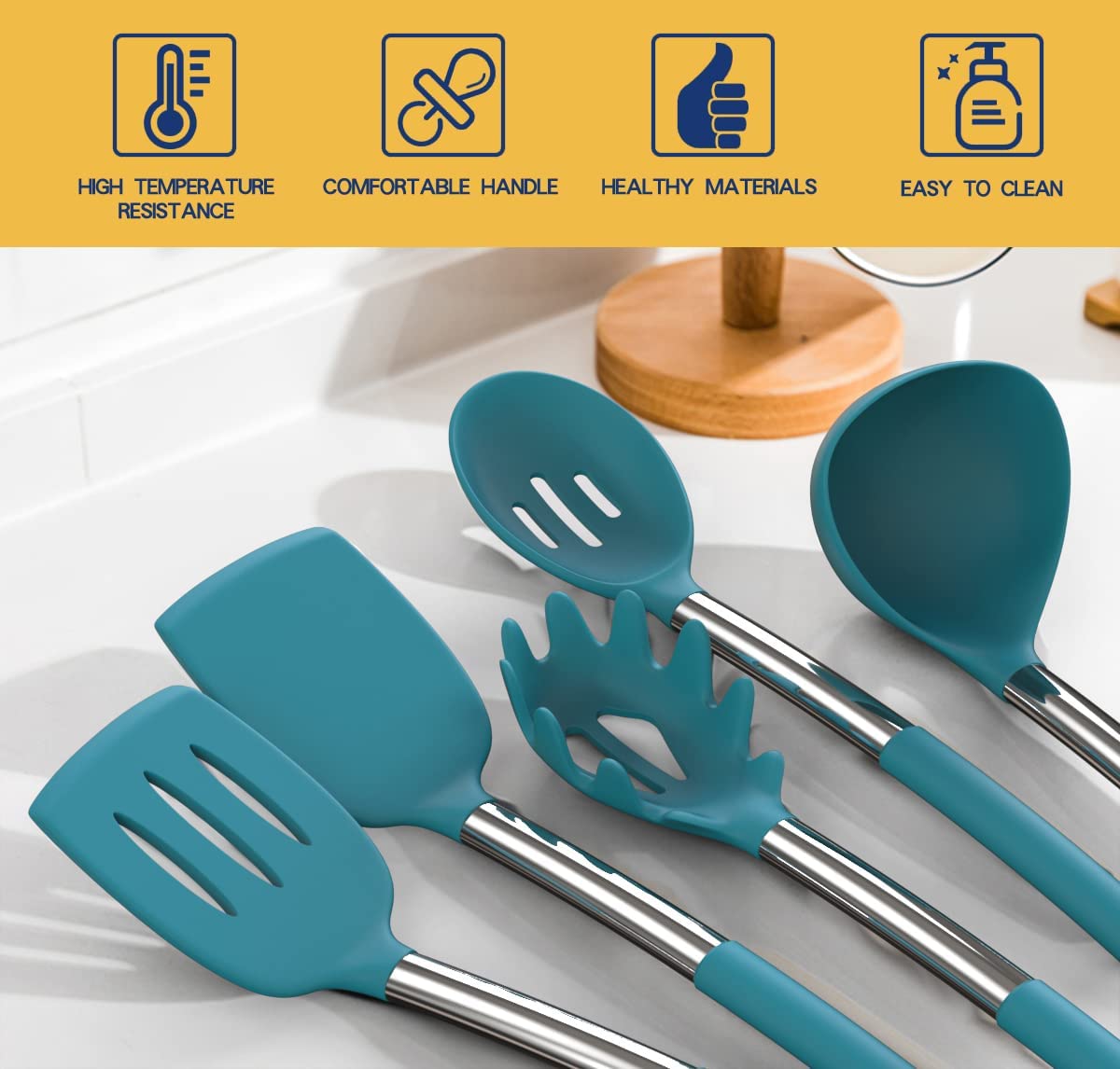 Blue 24-Piece Silicone Cooking Utensil Set, Fungun Non-stick Kitchen 24 Pcs Cookware, Heat Resistant , Silicone Kitchen Tools Gift with Stainless Steel Handle (Blue-24pcs)