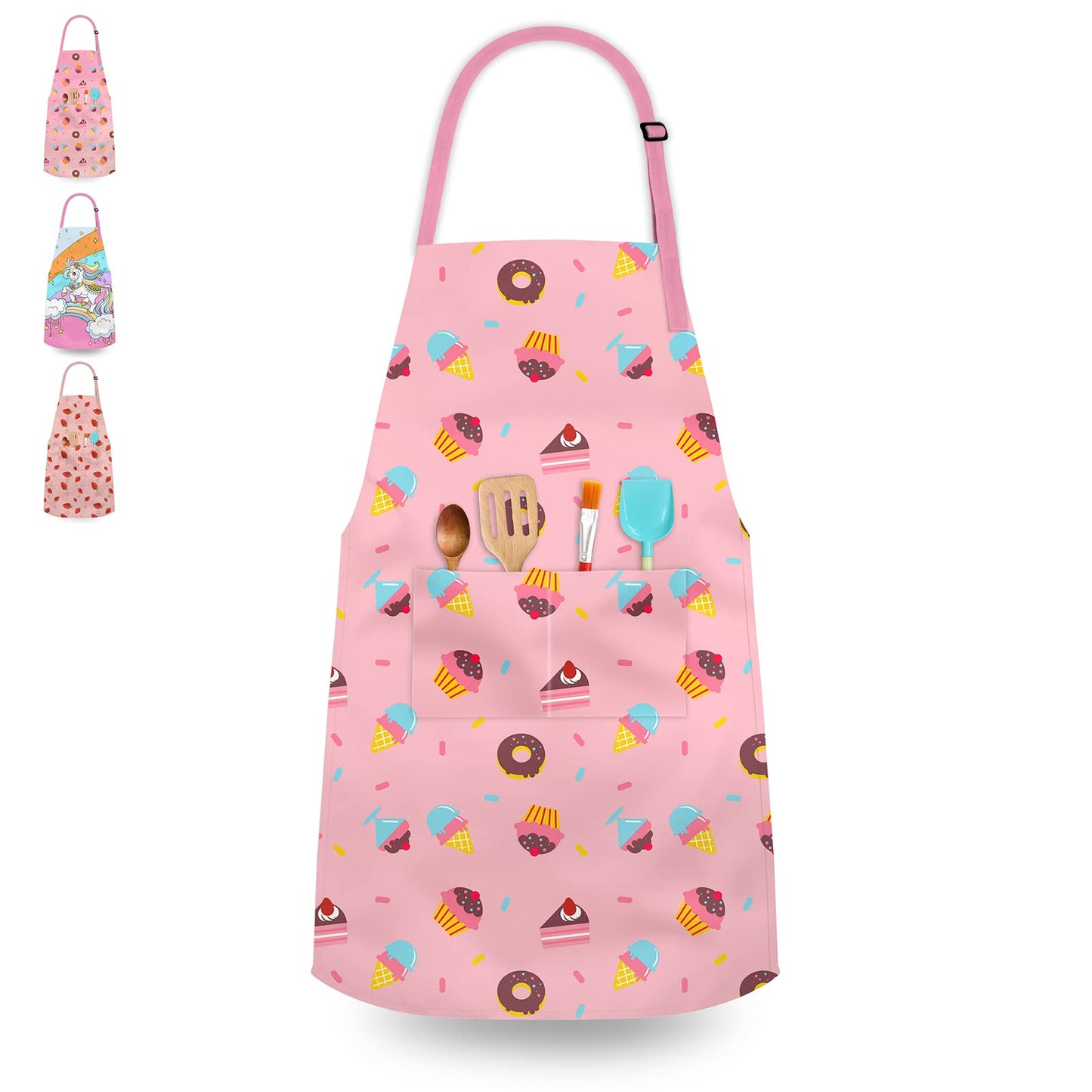 Kids’ Apron for Cooking, Baking, Painting, Crafting, and Gardening - Pastries, Strawberry or Unicorn Theme