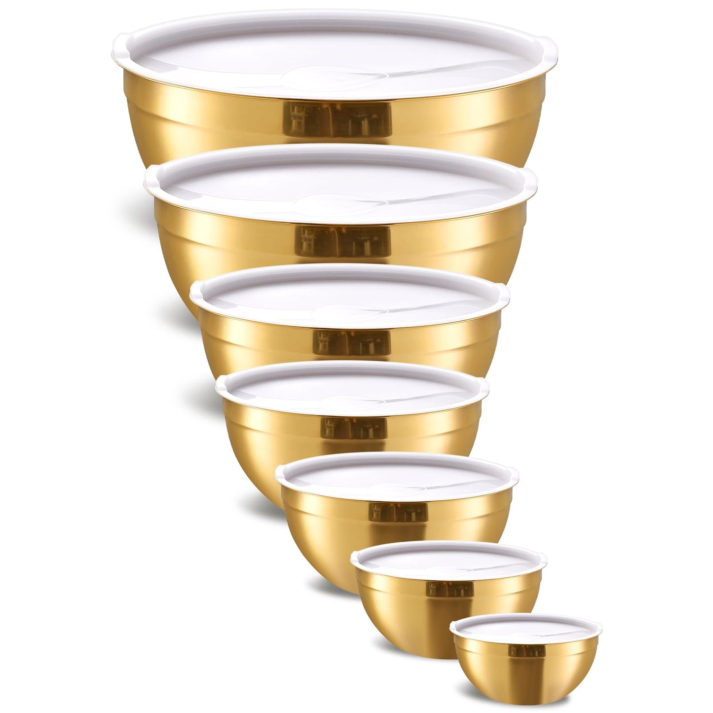 Moxinox Gold Mixing Bowls with Airtight Lids, Stainless Steel Nesting Mixing Bowls Set of 7, Ideal for Baking, Prepping and Serving Food, Size 7, 3.6, 2.7, 2.1, 1.5, 1.1,0.8 QT, Stackable Design