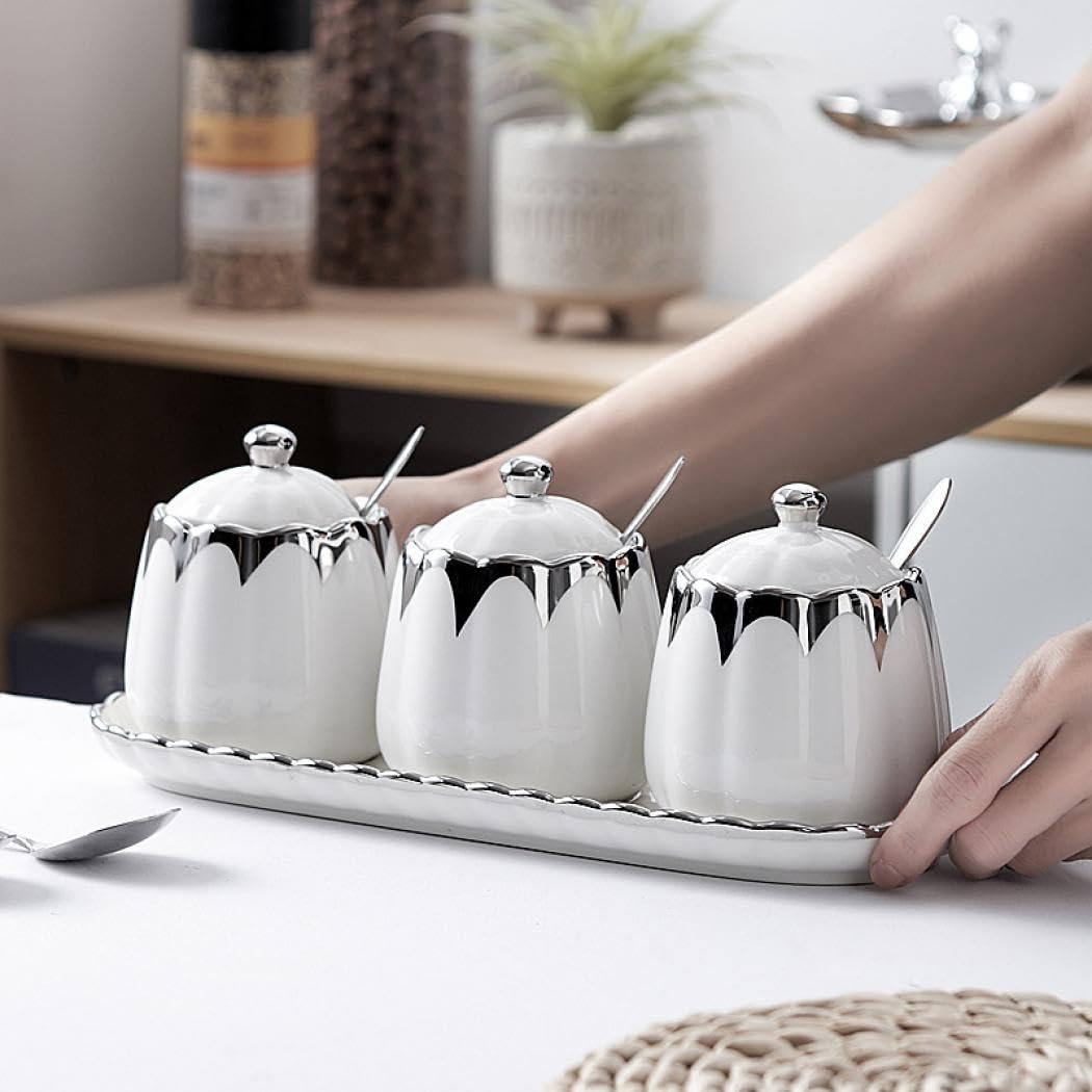 Magnitt Porcelain Condiment Jar Spice Container with Lids, Spoon and Tray, Set of 3,Modern Spice Box Seasoning Jar for Your Home, Kitchen, Counter (White silver)