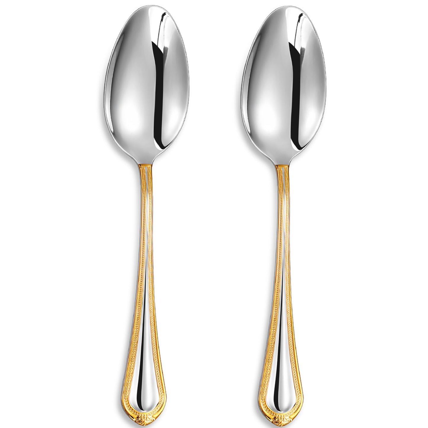 KEAWELL Pearl Edge Premium Serving Spoon Set, 18/10 Stainless Steel, 9" Fine Hostess Utensils with Refined Bead Design, Brightly Polished, Gold Accent, Dishwasher Safe (2 Serving Spoons)