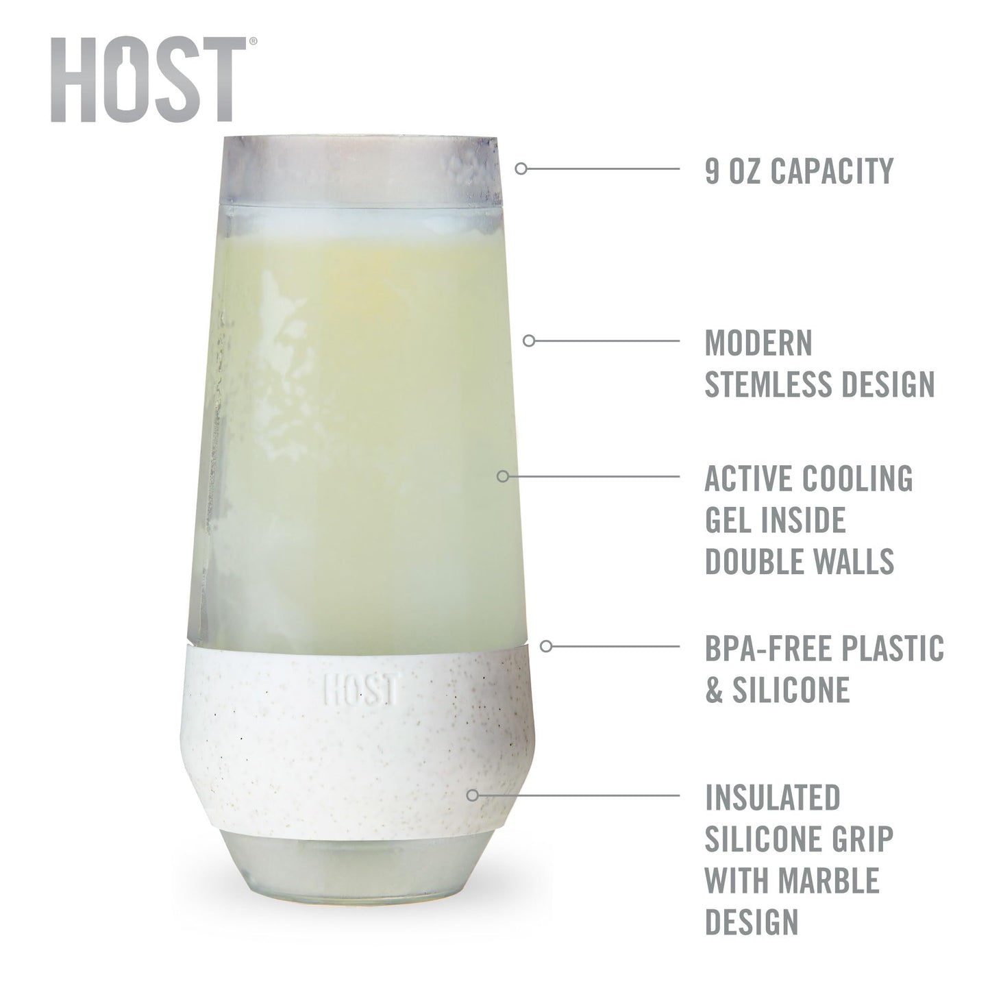 Host Champagne Freeze, Double-Walled Stemless Wine Glasses Freezer Cups with Active Cooling Gel and Insulated Silicone Grip, 9oz, Set of 4, Glitter