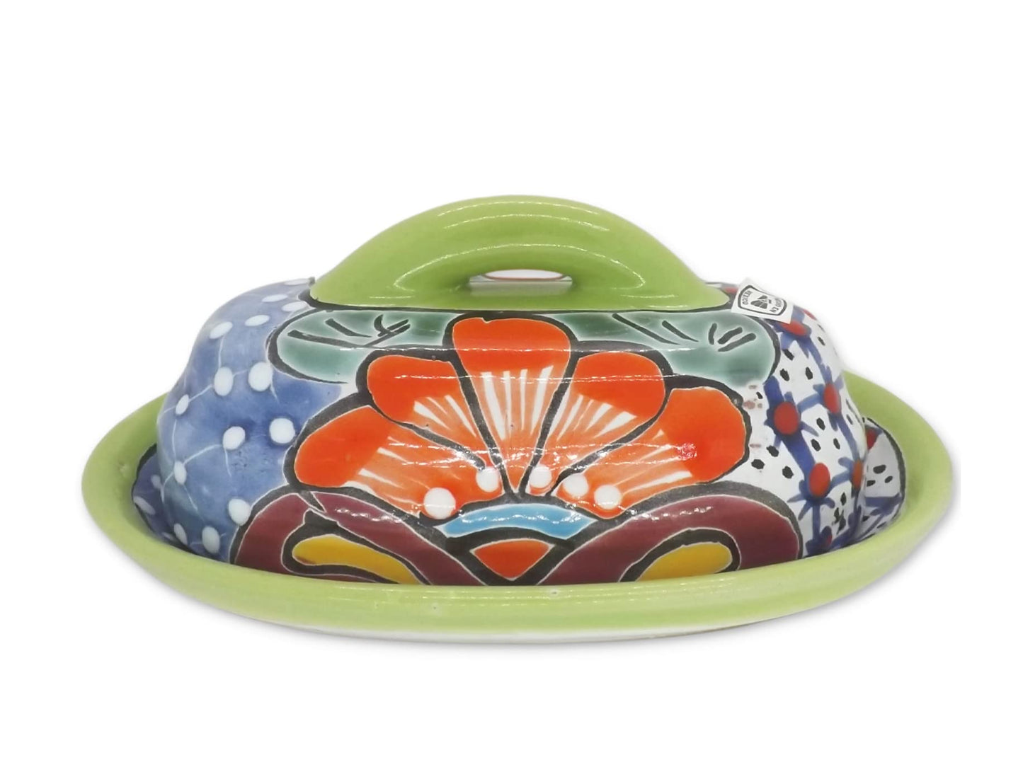 MEXTEQUIL - Butter Dish Ceramic Talavera with Lid Hand Painted Authentic Mexican Pottery Kitchen Floral Design (Green)
