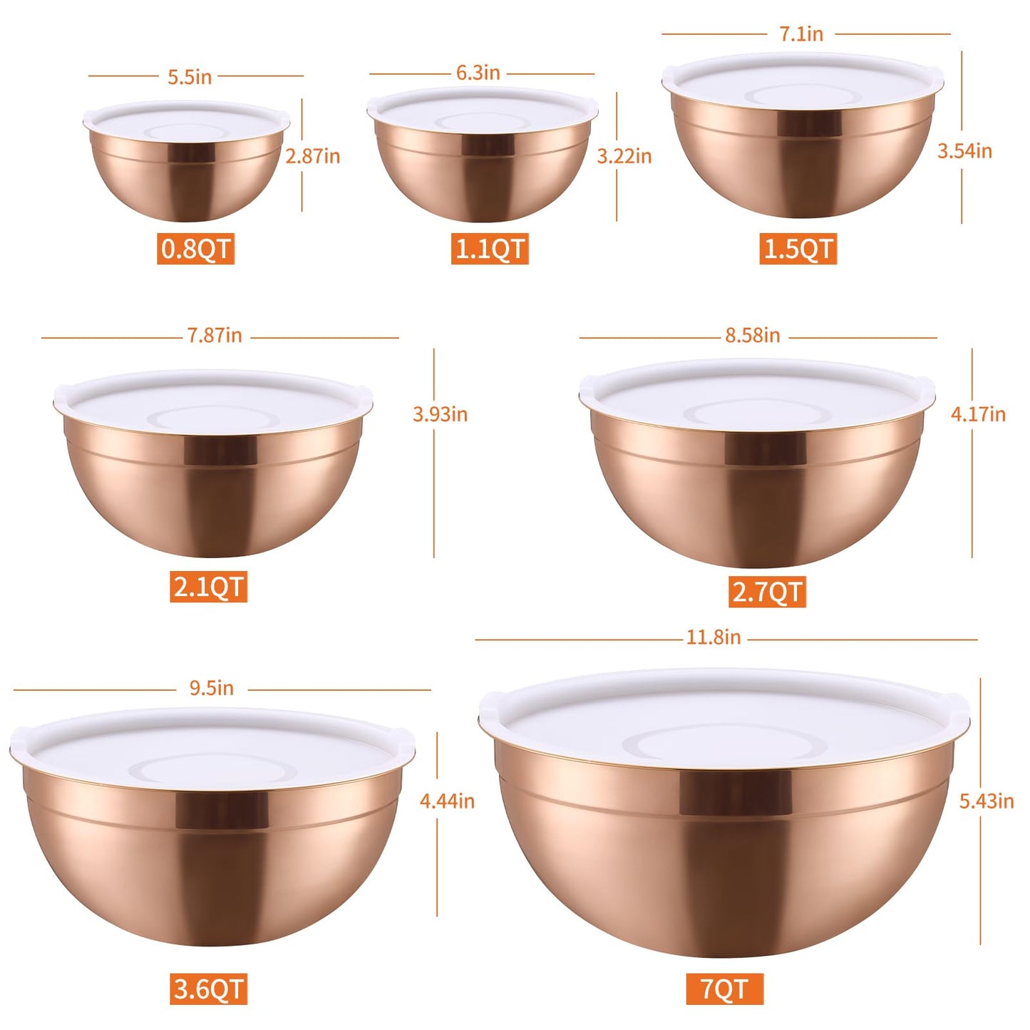 Moxinox Rose Gold Mixing Bowls with Airtight Lids, Stainless Steel Nesting Mixing Bowls Set of 7, Ideal for Baking, Prepping and Serving Food, Size 7, 3.6, 2.7, 2.1, 1.5, 1.1,0.8 QT, Stackable Design