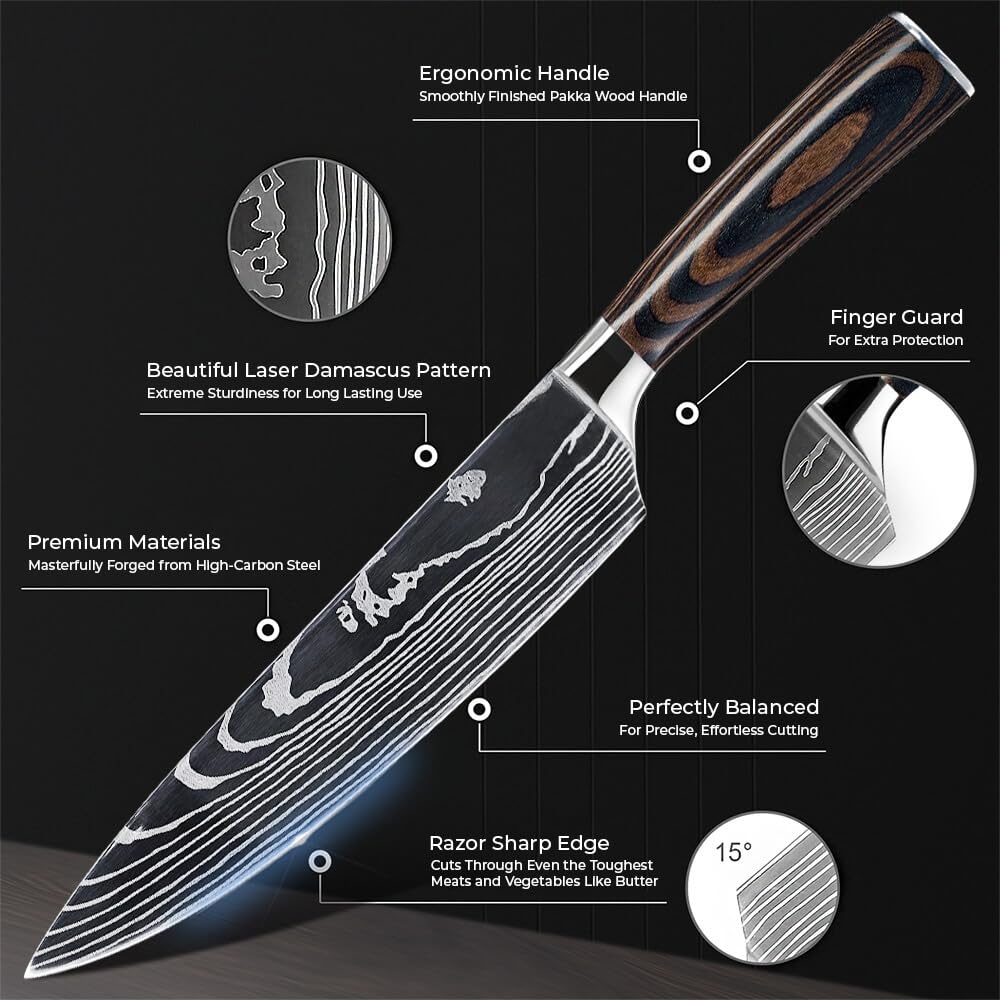 SENKEN 16-Piece Acacia Wood Knife Block Set with Laser Damascus Pattern - Includes Steak Knives, Kitchen Shears, Chef's Knife, Santoku, Cleaver & More
