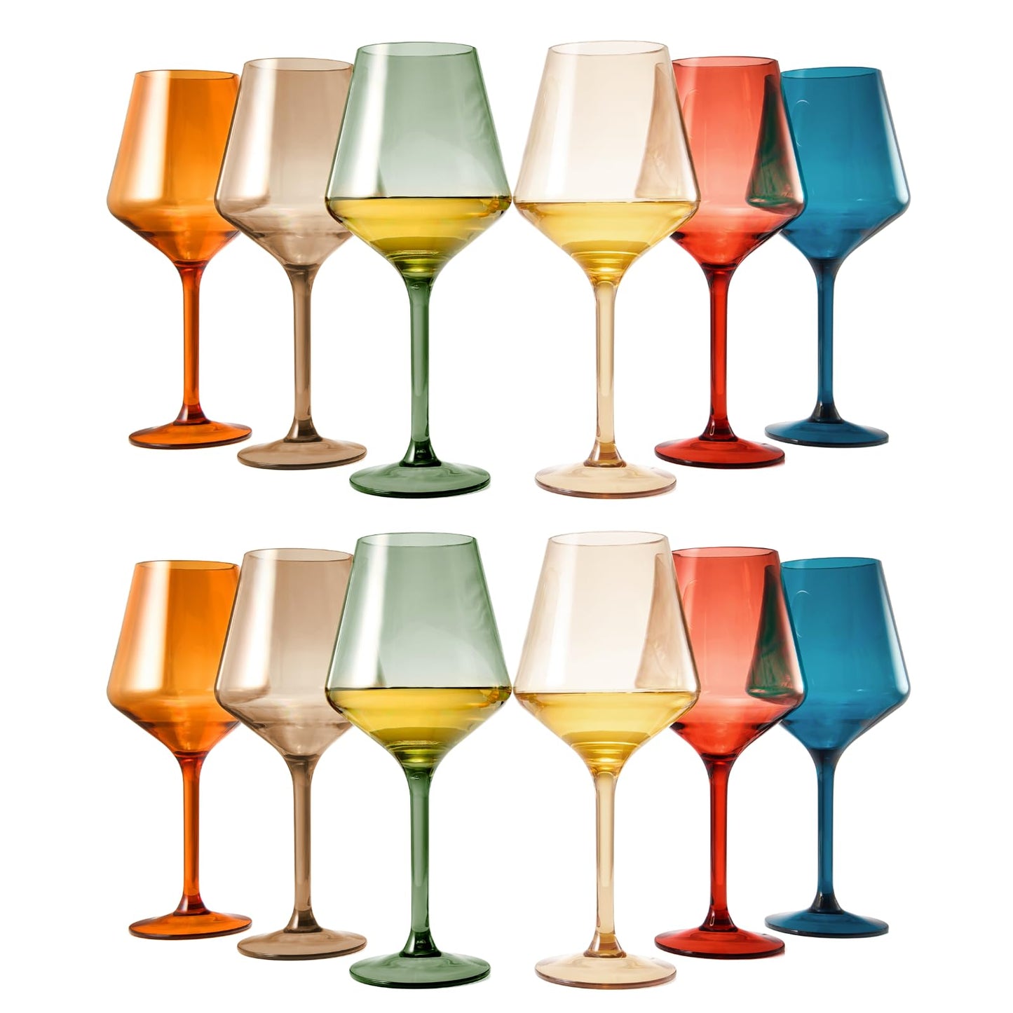 European Style Plastic Crystal Unbreakable Stemmed Wine Glasses | Set of 12 | Acrylic Glasses Tritan Pastel Color Shatterproof BPA-free, Outdoor, Pool, Indoor, Hand Wash 17oz Gift, Everyday & Holiday