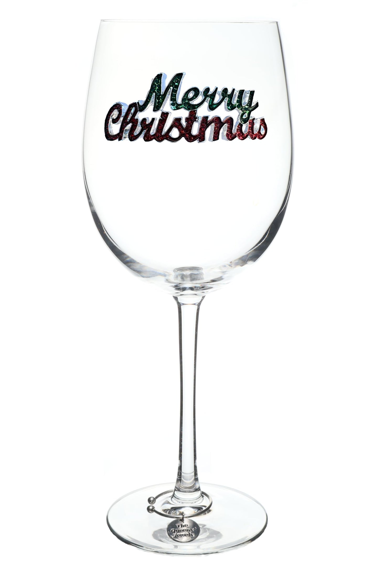 Merry Christmas Jeweled Stemmed Wine Glass, 21 oz. - Unique Gift for Women, Birthday, Cute, Fun, Not Painted, Decorated, Bling, Bedazzled, Rhinestone