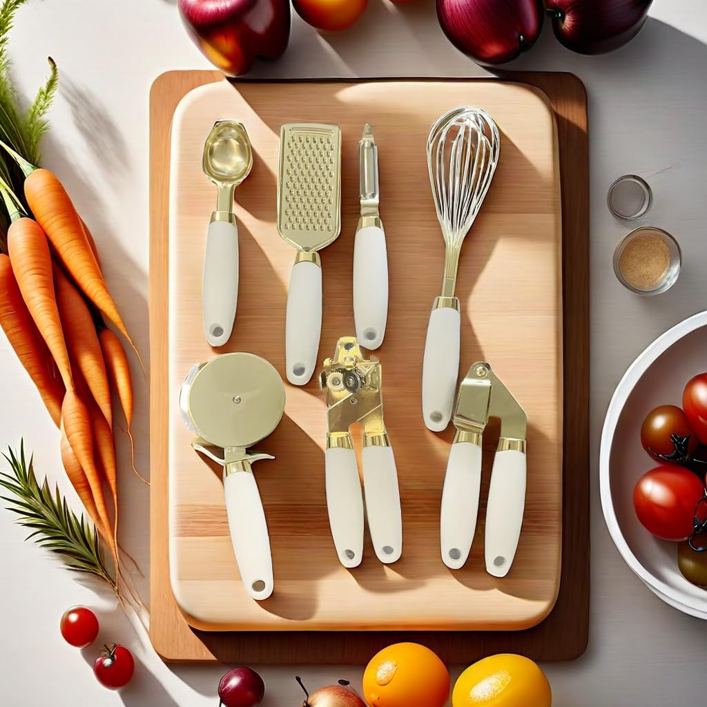 White & Gold Kitchen Tools and Gadgets - Luxe 7PC Cooking Tools and Gadgets with Anti-Slip Handles, Gold Utensils Set, Gold Kitchen Accessories,Premium Kitchen Gadget Set (Champagne gold & white)