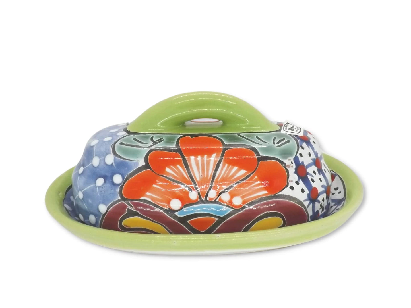 MEXTEQUIL - Butter Dish Ceramic Talavera with Lid Hand Painted Authentic Mexican Pottery Kitchen Floral Design (Green)