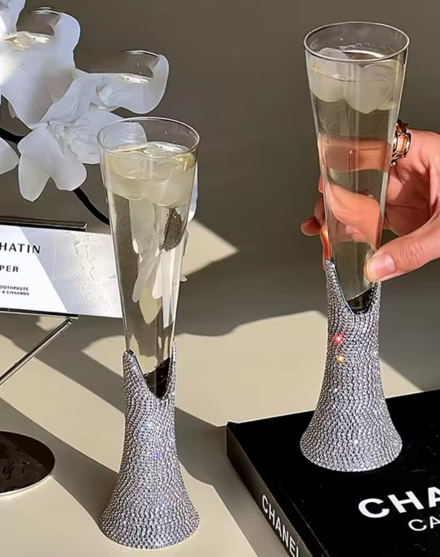 TISHAA Bling Rhinestone Champagne Glasses Set – Elegant Crystal Glass with Artificial Diamonds – 150ml Capacity, Perfect for Weddings, Anniversaries, Christmas, and Special Celebrations (Regular Set)