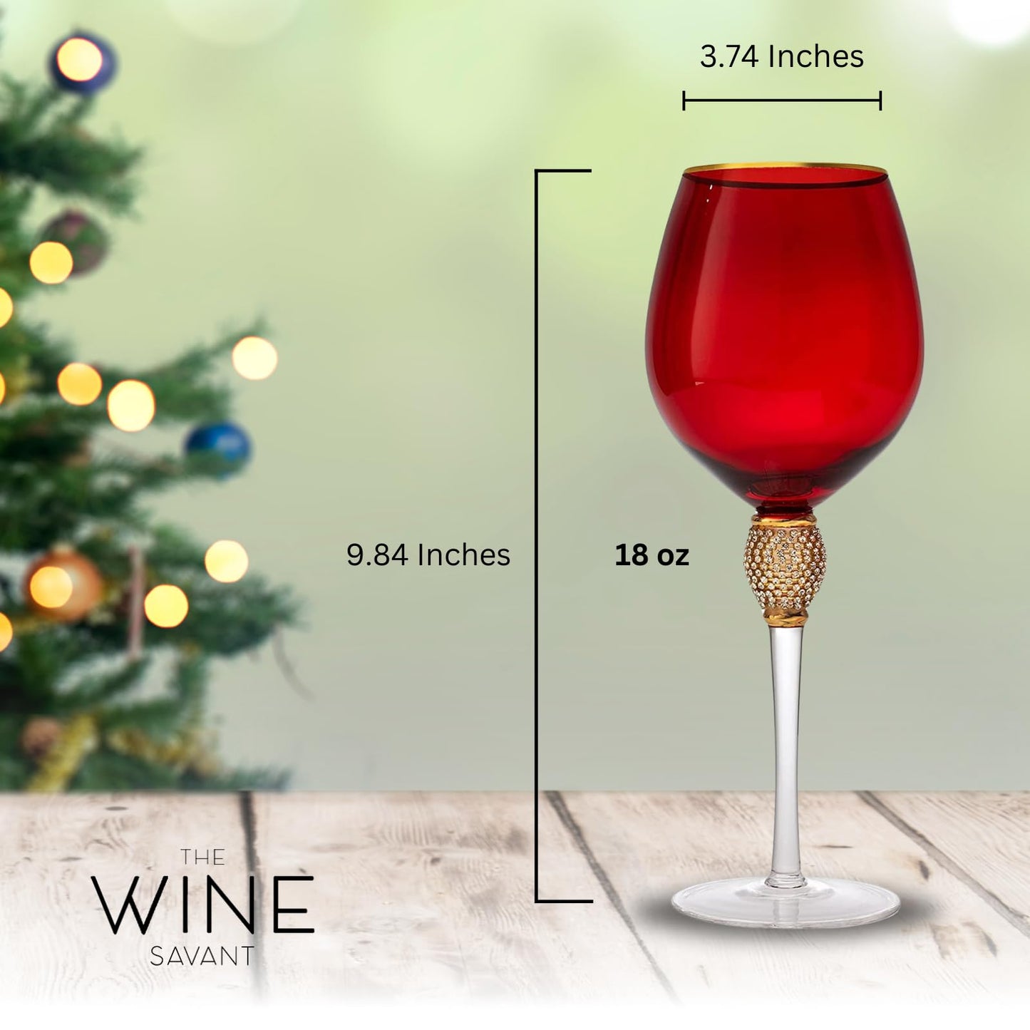 Large Red Diamond Wine Glasses, Christmas, Holiday, & Weddings, 10" H Gold Rim Rhinestone DIAMOND Studded Glasses - Wedding Glasses - 18oz, Premium Bling Designed Glassware, Crystal Long Stem Glass