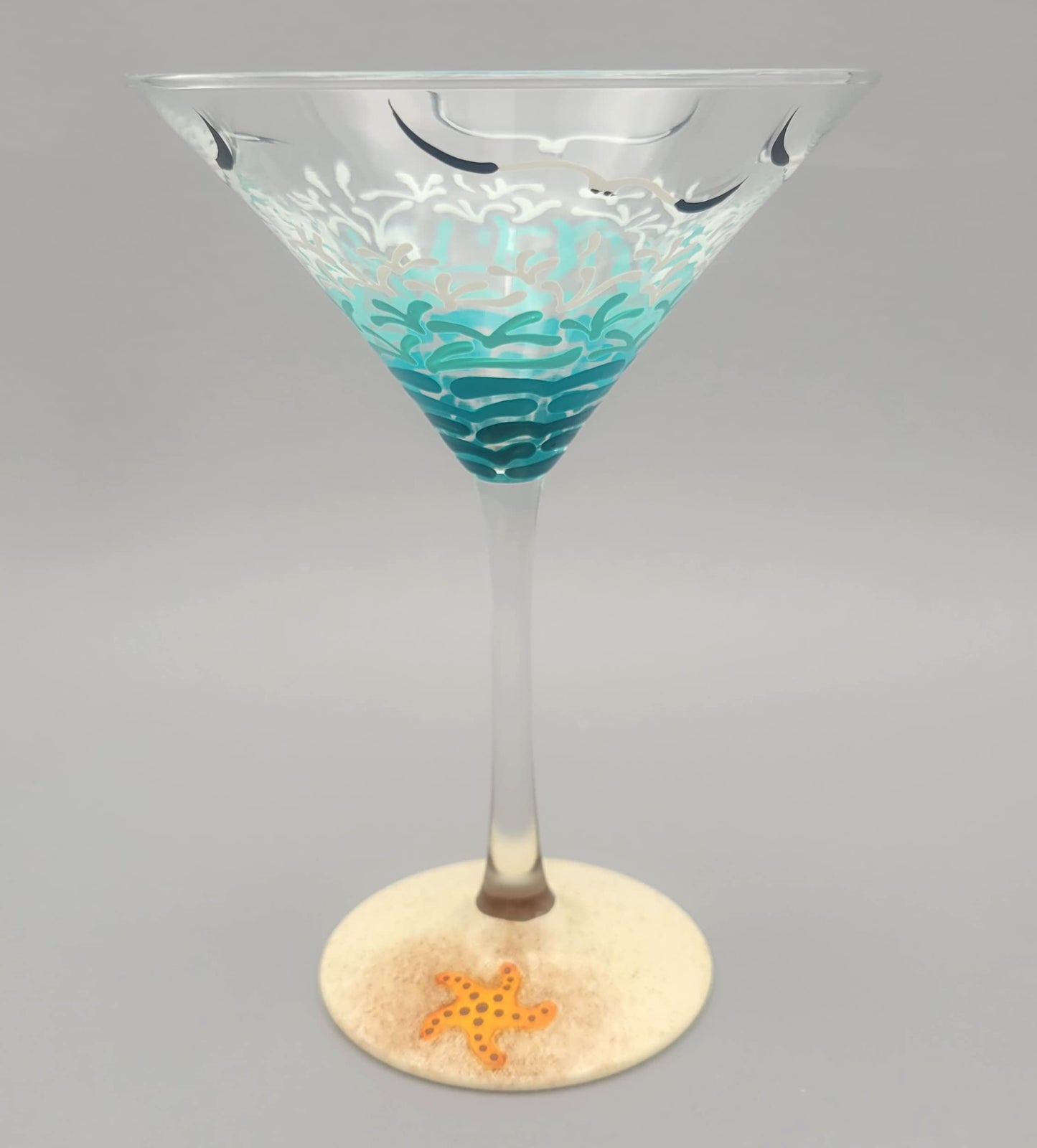 Tropical Beach Martini Cocktail Glass - Hand Painted - Starfish, Sea Shell, Waves, Seagulls, Sea Turtle, Sand,Summer