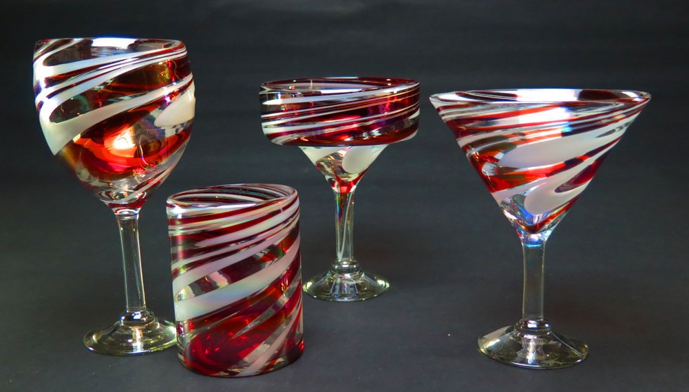 Hand Blown Glass Red White Swirl, Candy Cane design. (Set of 4)
