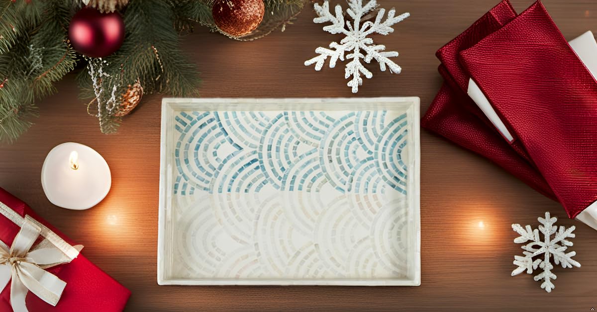 Striking Mother of Pearl Rectangular Serving Tray Nacre Wood Lap Ottoman Tray for Coffee Table, Luxury Decorative Handmade Eating Platters w Insert Handles (Blue Wave)