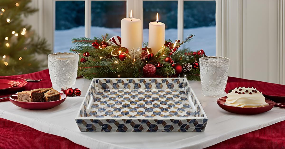 Rectangular Mother of Pearl Serving Tray Nacre Wood Lap Tray Coffee Table Ottoman Tray w Insert Handles, Luxury Decorative Handmade Eating Tray (Geometric Cube)
