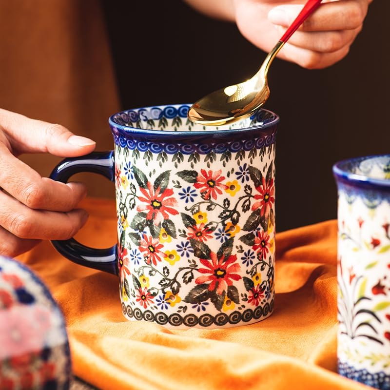Generic Pottery Coffee Mug Set,14oz, Hand Painted Ceramic Tea Cups with Unique Design for Hot or Cold Drinks (Exotic daisy), convention, Blue