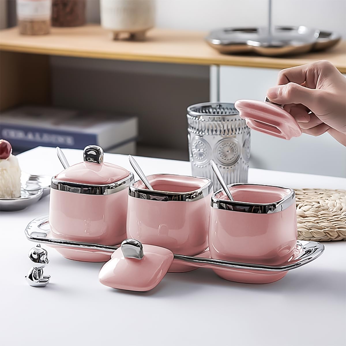 Ceramic Sugar Bowls Set Salt Containers Condiment Jar Porcelain Spice Pots Pepper Boxes with Lids and Spoon, Kitchen Seasoning Canister for Pepper, Sugar, Salt (Pink)