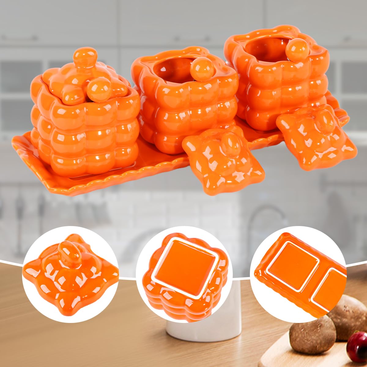 Fvstar Orange Sugar Bowl with Lid, Spoon and Tray, 3-Piece Orange Ceramic Coffee Sugar Container Set, Kitchen Salt Pepper Storage Jars, Porcelain Salt Bowls Set for Home Kitchen Countertop Coffee Bar