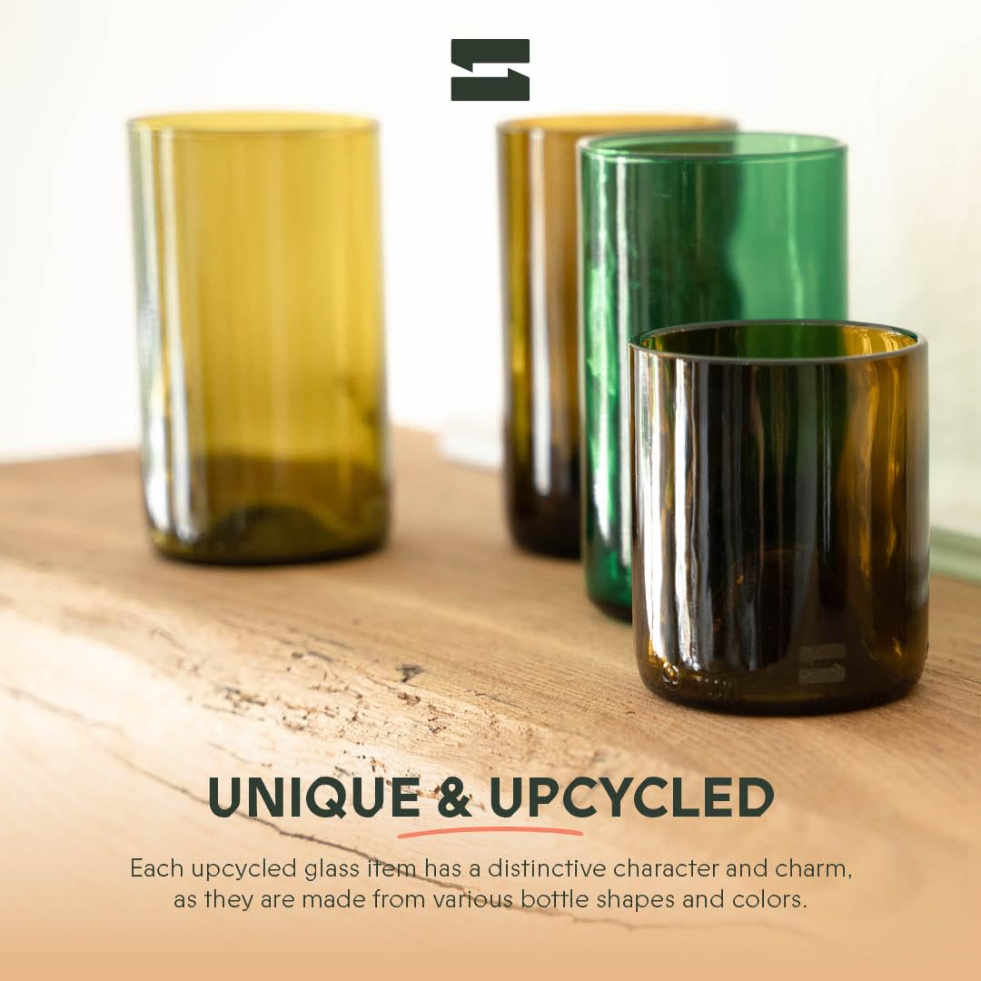 IWAS Upcycled Tall Drinking Glasses | 400 ML | 13.53 OZ | Set of 6 | Sustainable Water and Cocktail Glasses For Home | Environmentally Friendly Olive Green Glasses