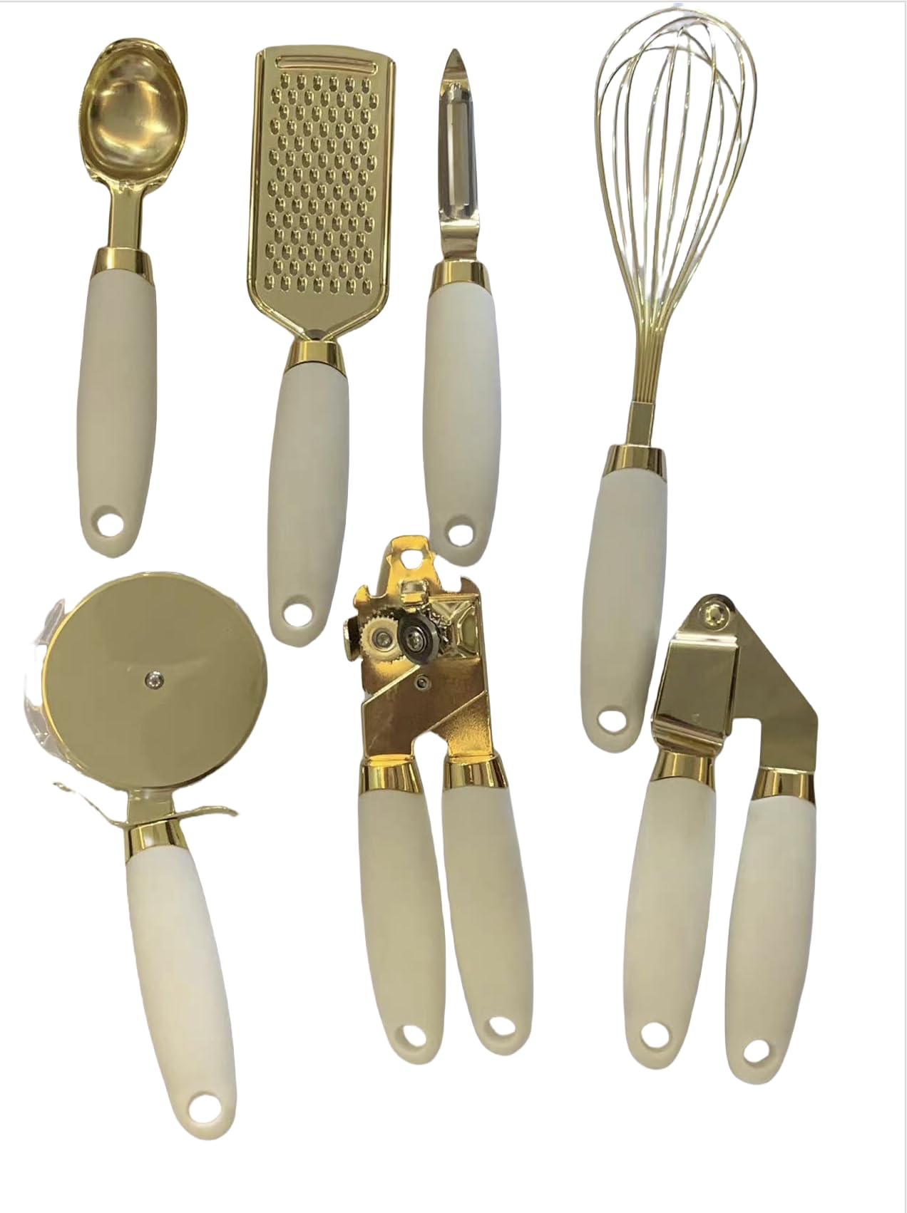 White & Gold Kitchen Tools and Gadgets - Luxe 7PC Cooking Tools and Gadgets with Anti-Slip Handles, Gold Utensils Set, Gold Kitchen Accessories,Premium Kitchen Gadget Set (Champagne gold & white)