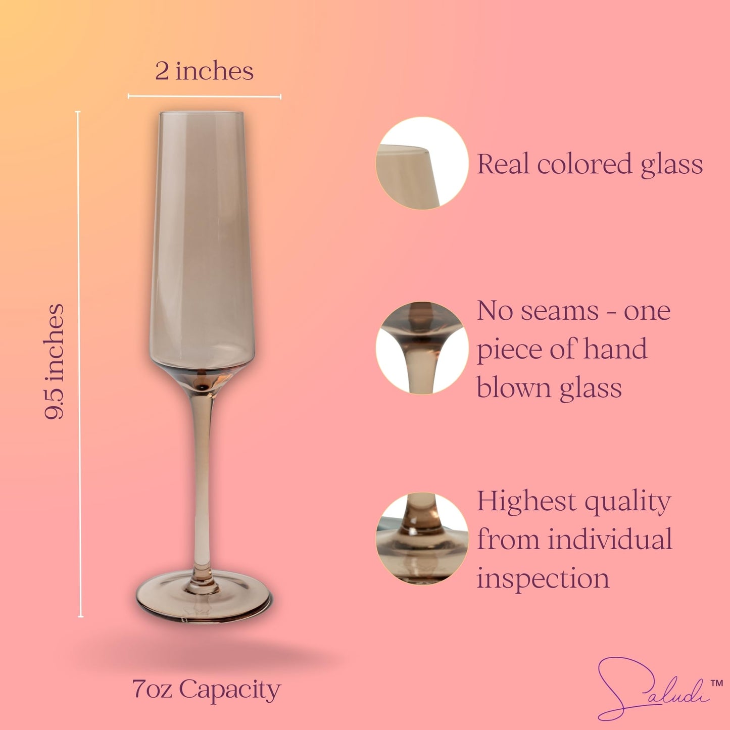 Saludi Colored Champagne Flutes - As Seen on 'Bachelor in Paradise' - 7oz (Set of 6) Stemmed Multi-Color Champagne Glass - Great for All Occasions and Gifts - Luxury, Durable, Hand-Blown