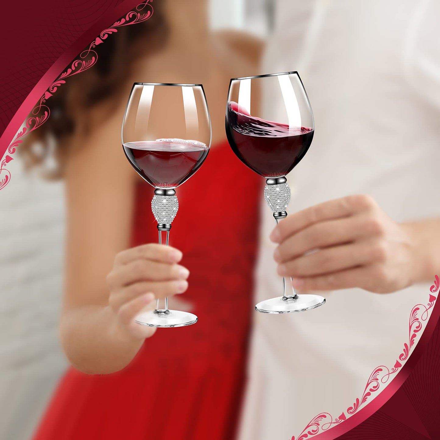Patelai 2 Pieces Rhinestone Red Wine Christmas Gift Clear Glass with Rim Tulip Shaped Diamond Wine Glasses Long Stem Glassware for Wedding, Parties, Anniversary(Silver)