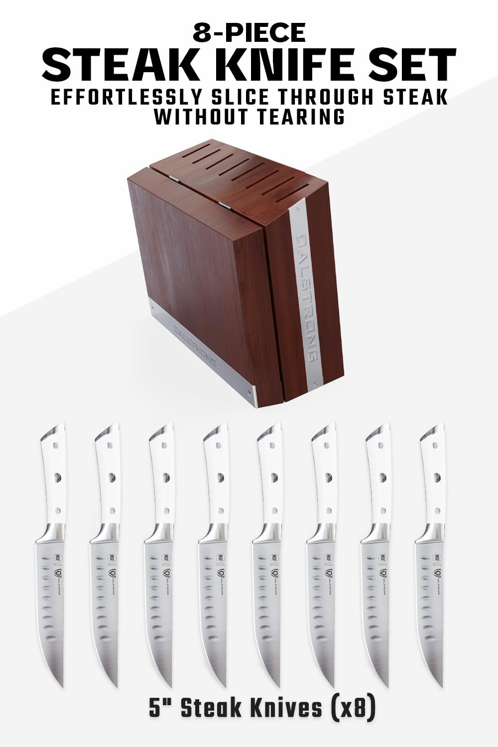 Dalstrong Steak Knife Set with Folding Block - 8-Piece - Gladiator Series - 5" Straight Edge Blade - Forged High-Carbon German Steel - w/Modular Storage Block - Glacial White ABS Handle - NSF Certified
