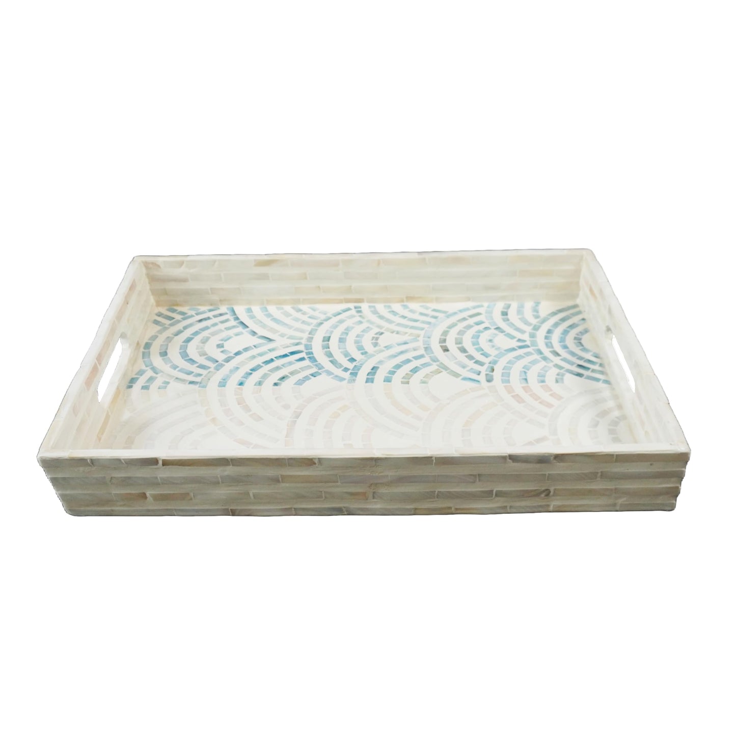 Striking Mother of Pearl Rectangular Serving Tray Nacre Wood Lap Ottoman Tray for Coffee Table, Luxury Decorative Handmade Eating Platters w Insert Handles (Blue Wave)