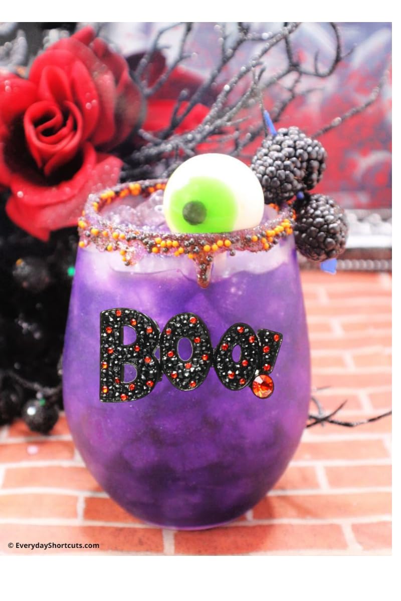 Halloween Boo Jeweled Stemless Wine Glass, 21 oz. - Unique Gift for Women, Birthday, Cute, Fun, Not Painted, Decorated, Bling, Bedazzled, Rhinestone