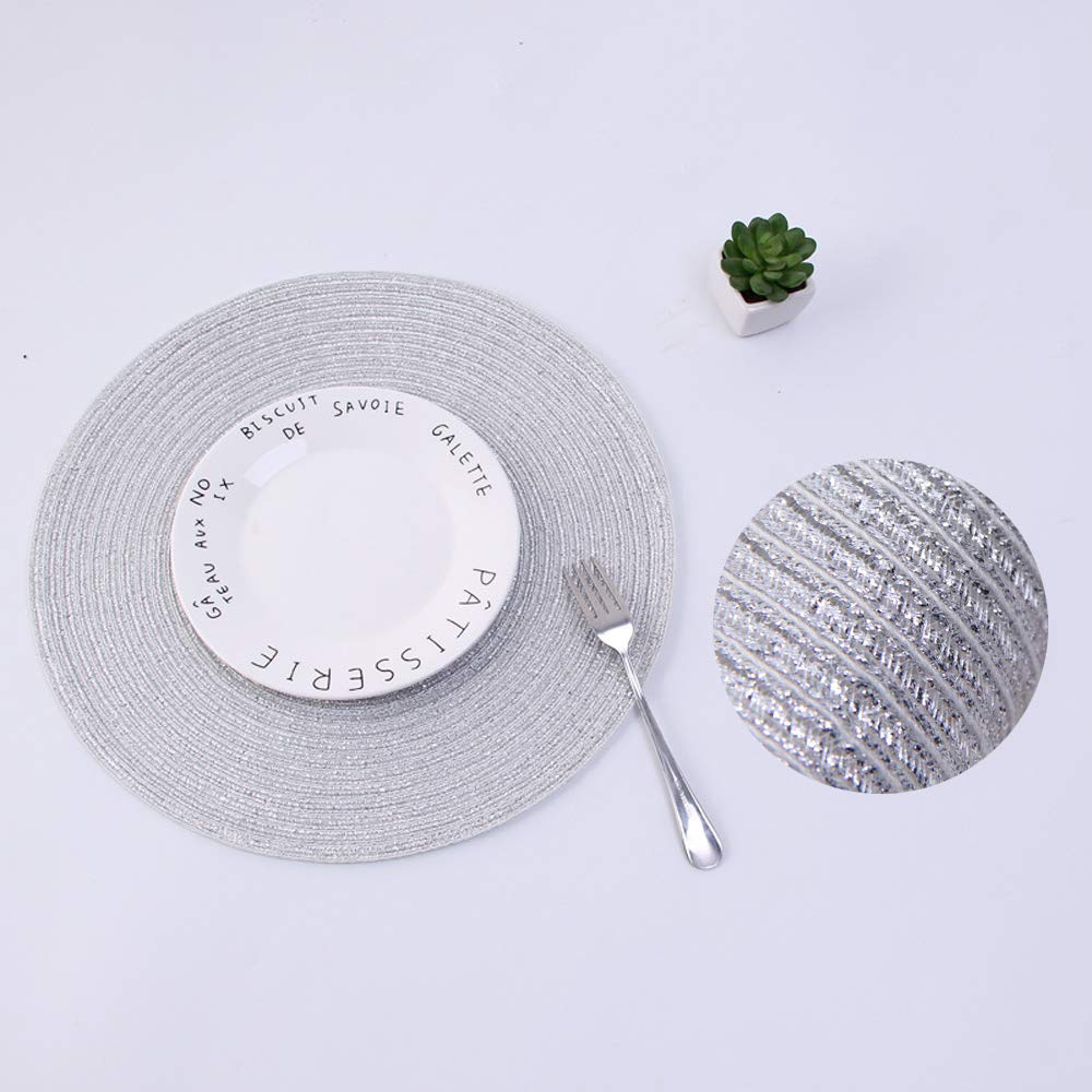 SHACOS Glitter Round Braided Placemats Set of 6 Sparkle Bling Placemats Glitz Table Mats for Home Holiday Party Wedding Festive Table Decoration (6, Silver)