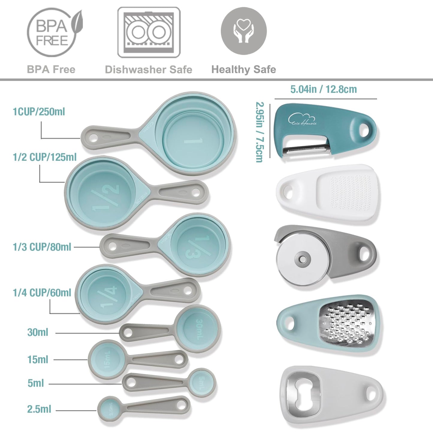 Kitchen Gadgets Set 13-Piece, Space Saving Cooking Tools Includes Cheese Grater, Pizza Cutter, Peeler, Bottle Opener, Garlic Grinder, Collapsible Measuring Cups Spoons for Small Kitchen RV Camp