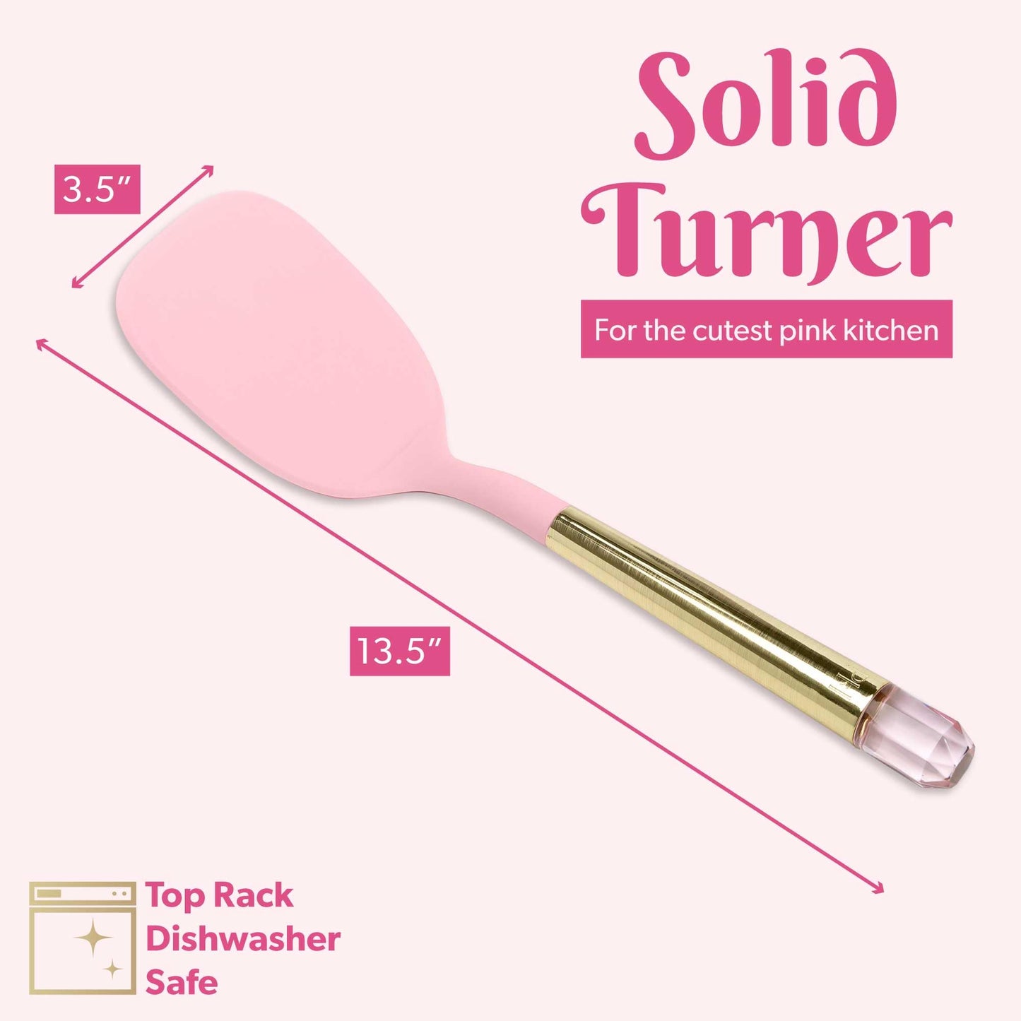 Paris Hilton Solid Turner with Pink Jewel Shaped Handle, Heat-resistant up to 400°F, Dishwasher Safe Kitchen Tool Utensil, Pink and Gold