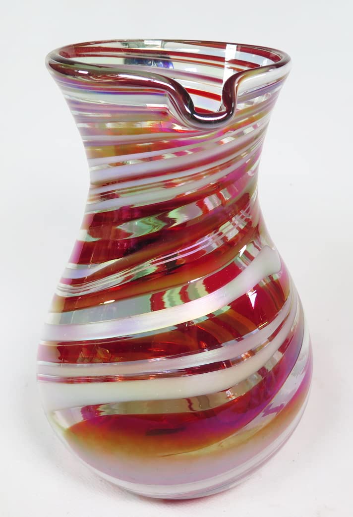 Hand-Blown Glass Margarita or Juice Pitcher, Red White Swirl Design for 8 Cups (64 Oz.)