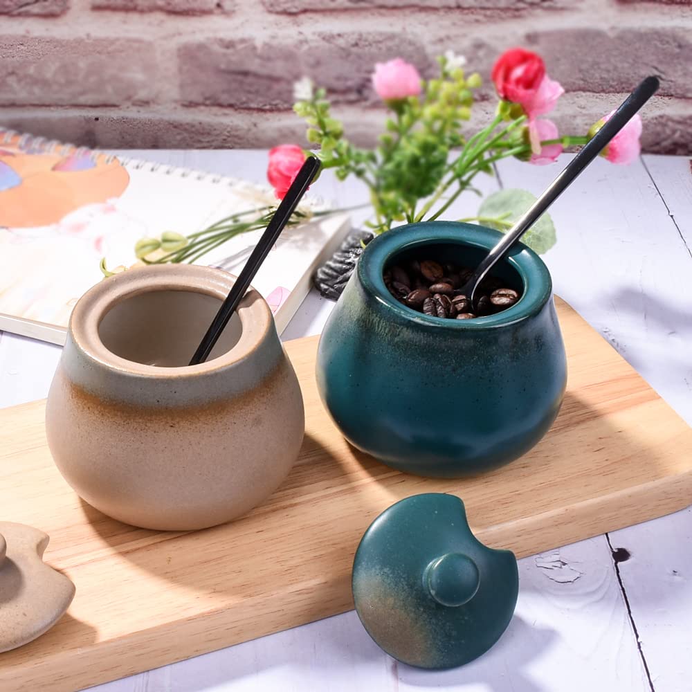 BOSILI Green Ceramic Sugar Bowls with Spoon Porcelain Salt Container with Lid for Home and Kitchen