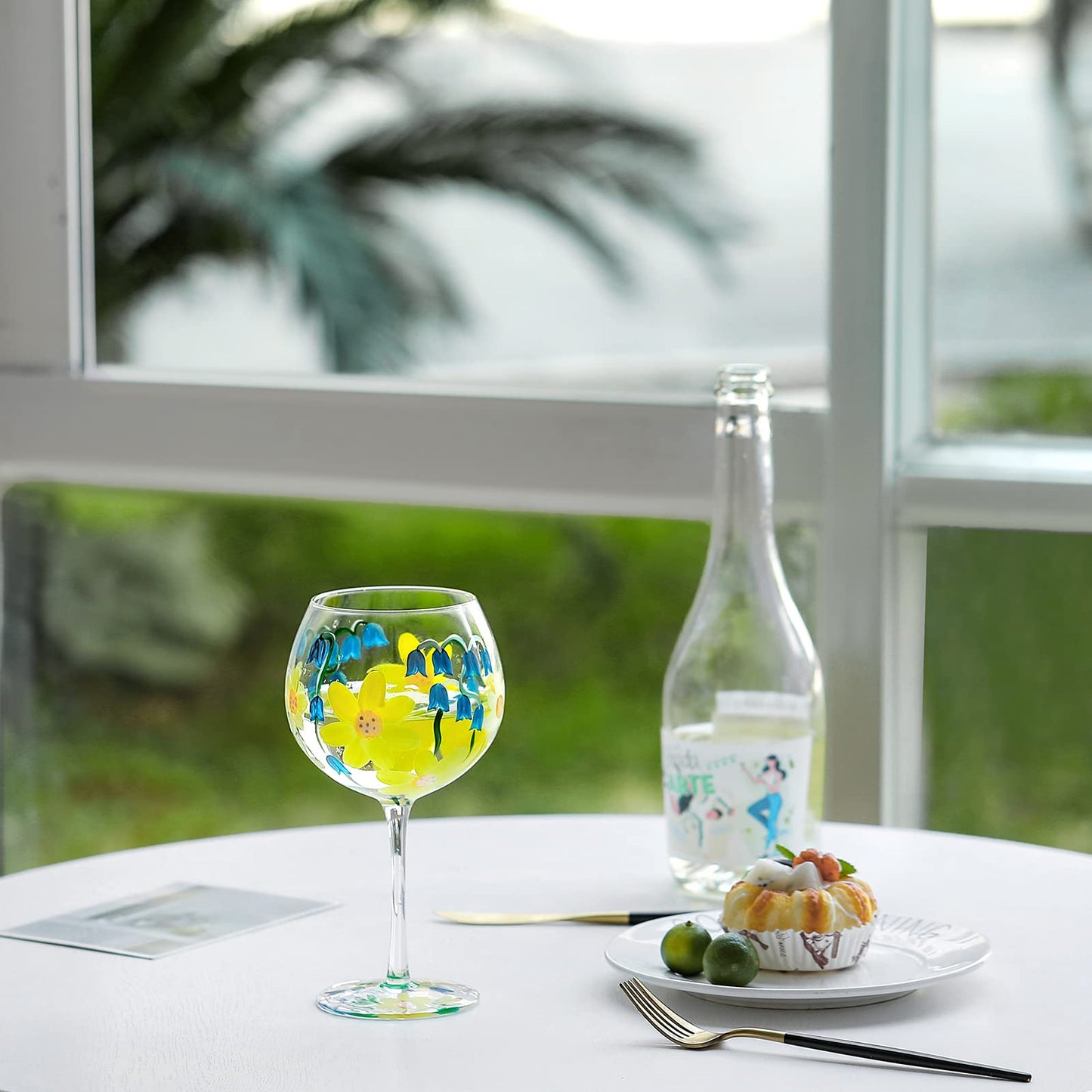 Hand-Painted Wine Glass Blue White Yellow Flowers Artisan Painted 20.5 Oz. Personalised Gift Idea