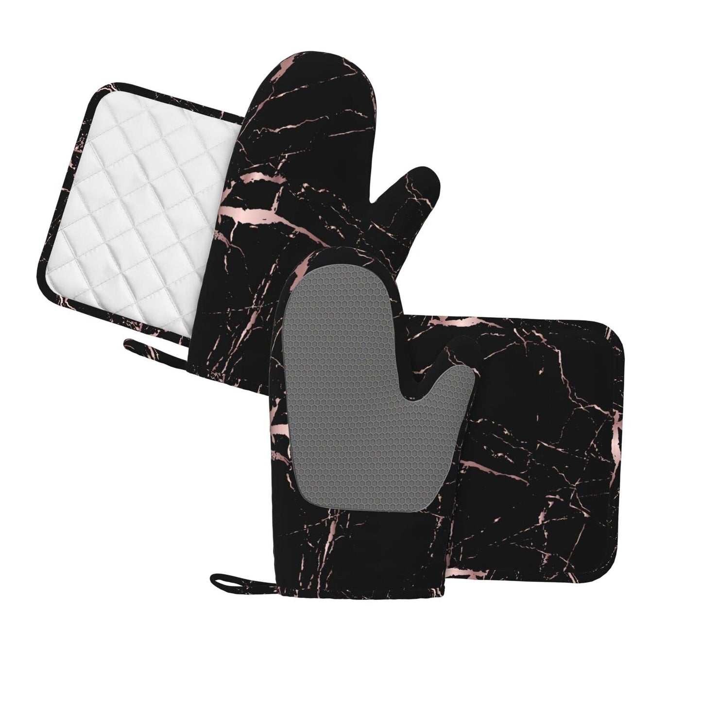 Oven Mitts and Pot Holders Rose Gold Marble Black Silicone Kitchen Accessories Set of 4 Heat Resistant Long Gloves Potholder Non-Slip Grip for Chef Cooking, Baking, Grilling, BBQ