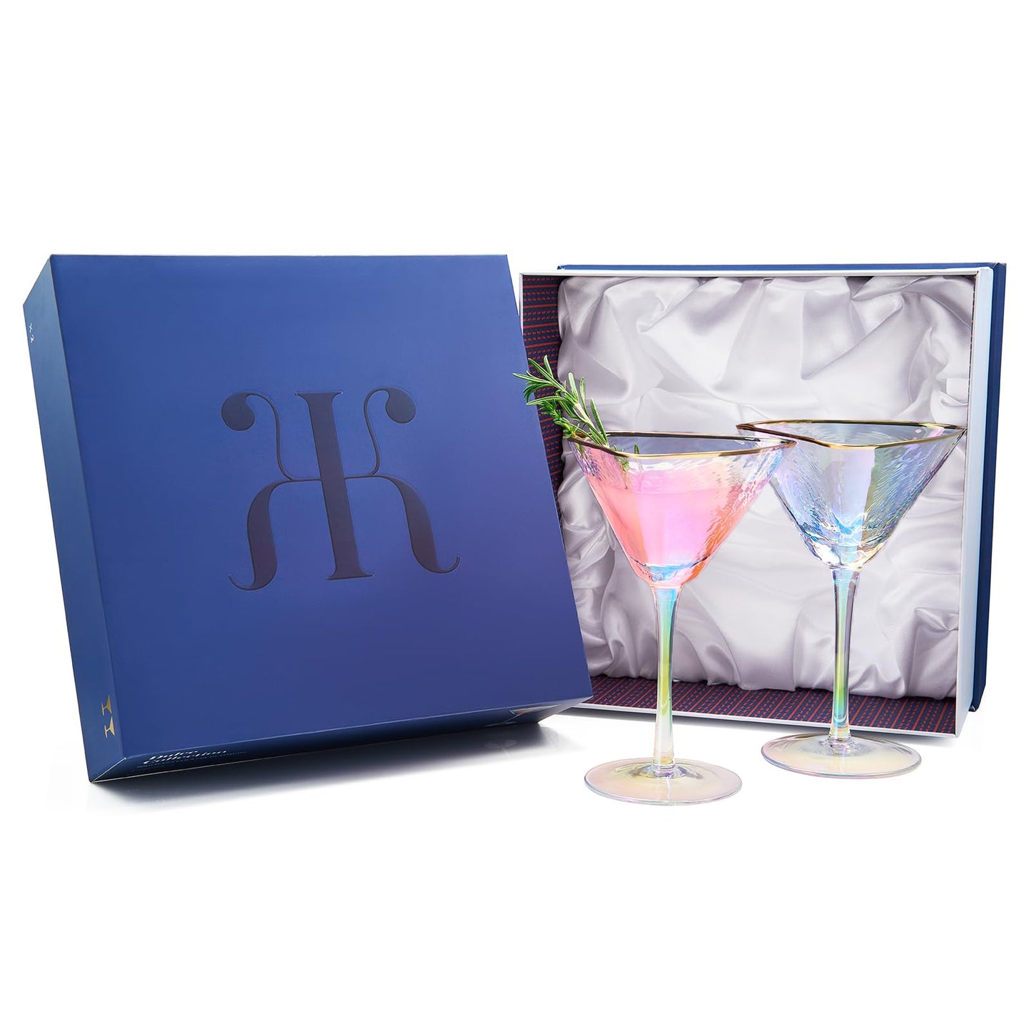 Iridescent Lustered Hammered Martini Glasses - Set of 2 - Gold Rim 8 oz Colorful Balloon Stemmed Glassware - Festive Anniversaries, Birthday Gift, Cocktail Party Radiance - Unique Wine Barware