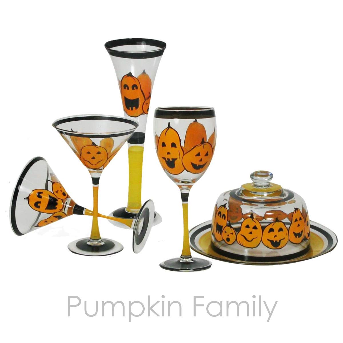Golden Hill Studio Hand Painted Martini Glasses Set of 2 - Pumpkin Family Collection - Hand Painted Glassware by USA Artists - Unique and Decorative Martini Glasses, Kitchen Table Décor