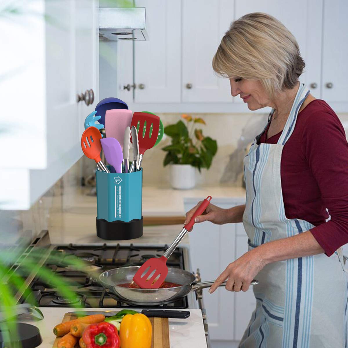 Multi-Colored 24-Piece Silicone Cooking Utensil Set, Fungun Non-stick Kitchen Utensil 24 Pcs. Cooking Utensils Set, Heat-Resistant Cookware, Silicone Kitchen Tools Gift with Stainless Steel Handle (Colorful-24pcs)