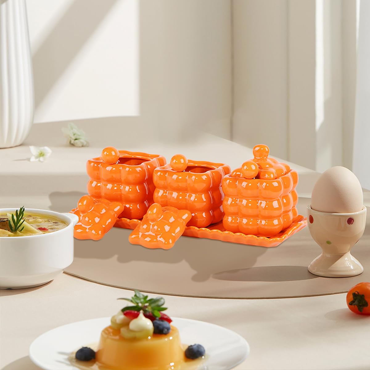 Fvstar Orange Sugar Bowl with Lid, Spoon and Tray, 3-Piece Orange Ceramic Coffee Sugar Container Set, Kitchen Salt Pepper Storage Jars, Porcelain Salt Bowls Set for Home Kitchen Countertop Coffee Bar