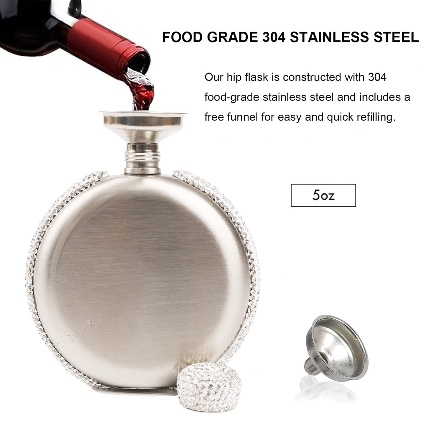 Elegant Liquor Flask for Women, Leakproof Wine Flasks 304 Stainless Steel Rhinestone Portable Flask with Funnel, Women Girls Bling Gift (Silver/5 oz.)