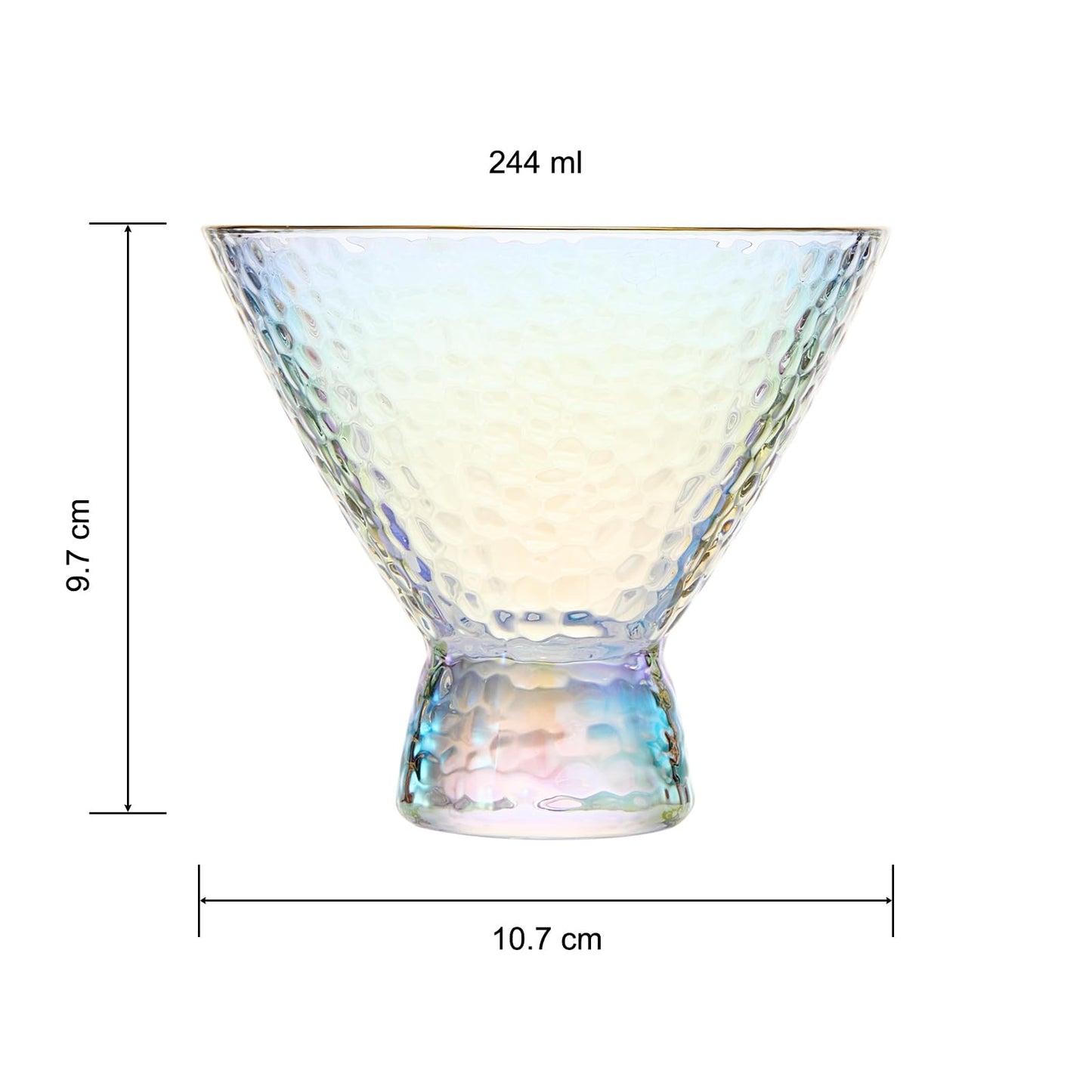 Iridescent Lustered Stemless Martini Glasses Set of 2 - Hammered Cocktail & Martini Glasses - Luxury Gift Box - Gold Rim 8oz Colorful Stemless Glassware - Weddings , Anniversary , Christmas , Barware